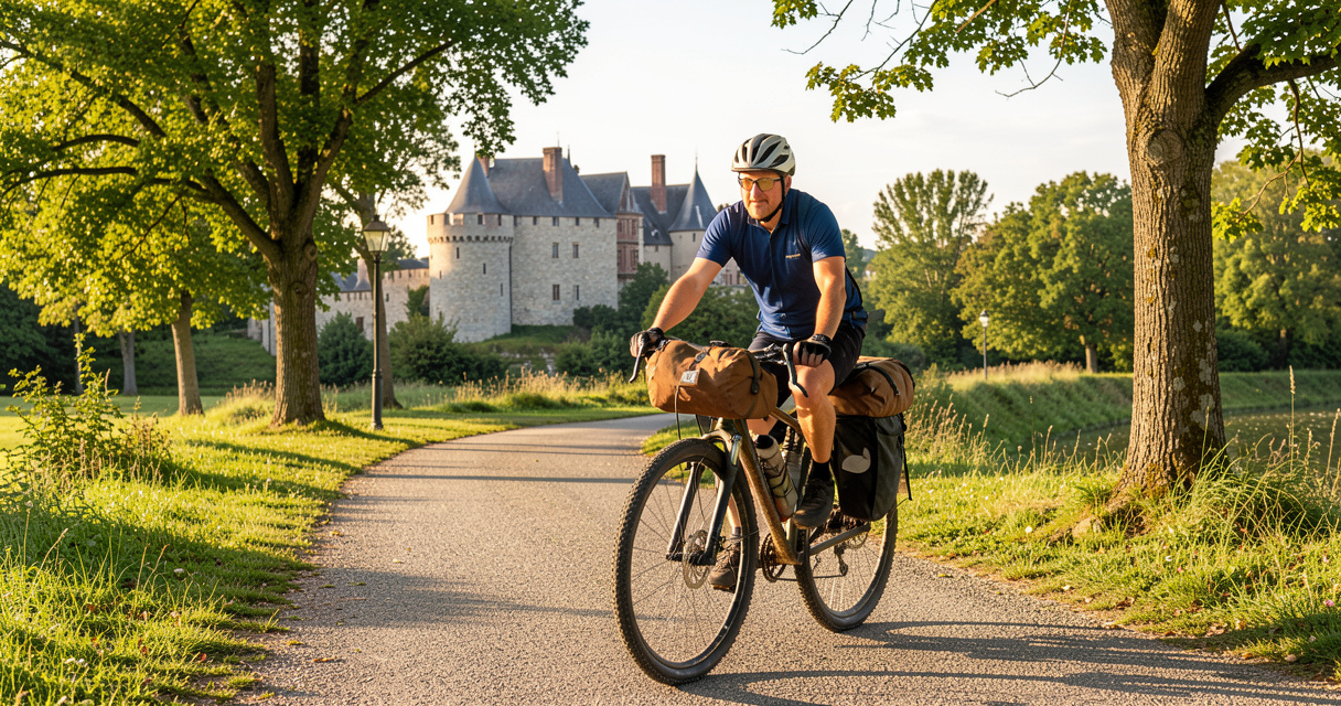Cycliste en voyage à vélo longeant une voie verte face à un paysage patrimonial français