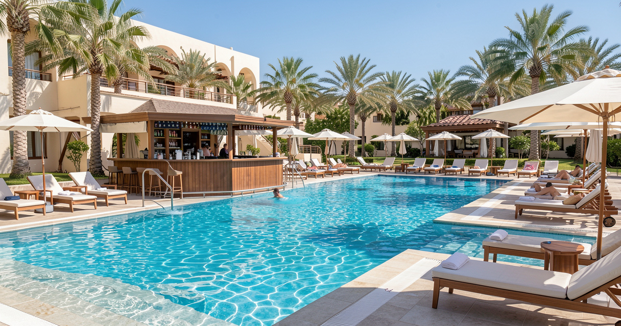 Piscine d'un séjour tout compris en Tunisie avec bar et transats