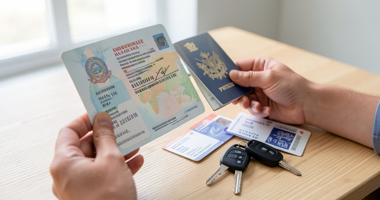 Personne tenant son permis international de conduire avec passeport et clés