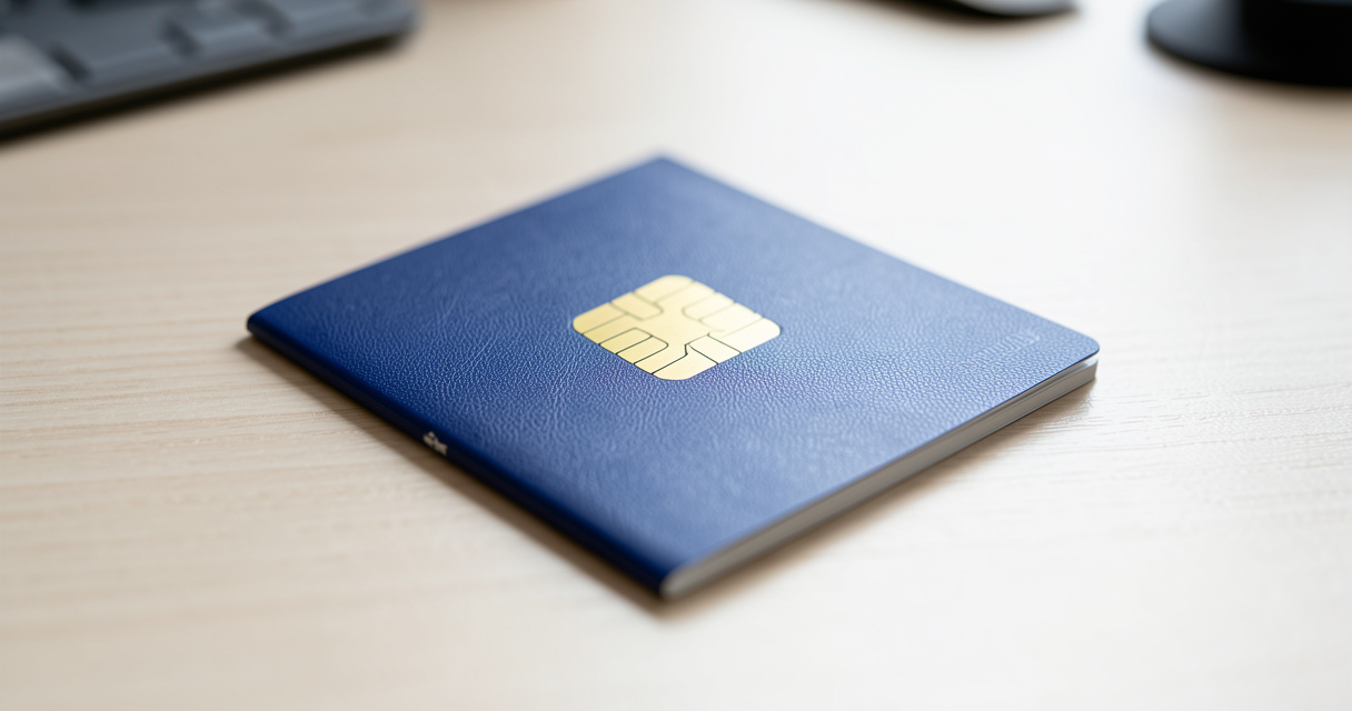 Passeport biométrique fermé posé sur un bureau clair, puce électronique visible