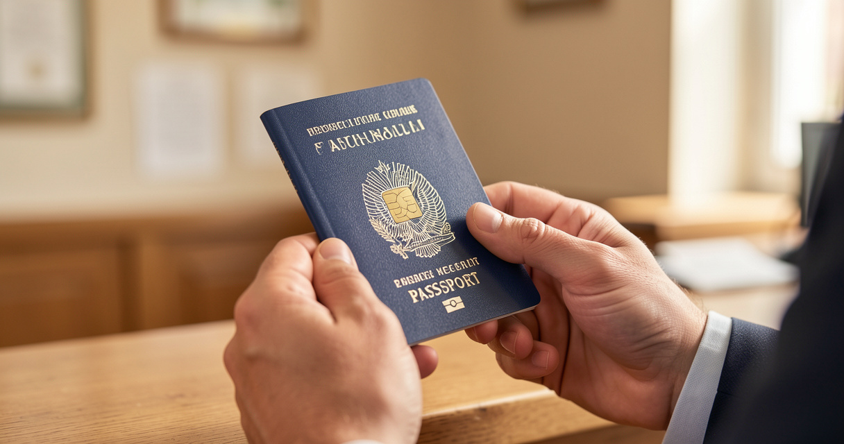 Personne tenant un passeport biométrique à la mairie, puce et photo visibles