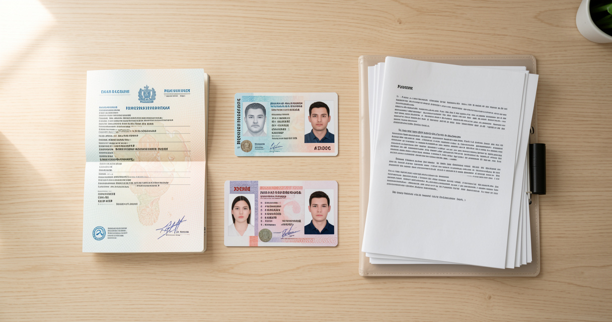 Titre de voyage et carte de résident posés sur un bureau pour une demande en ligne